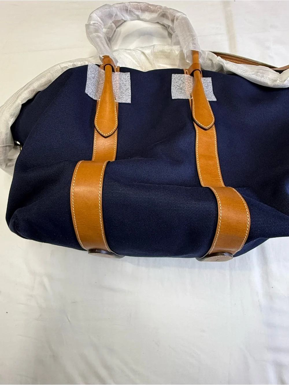 Ralph Lauren Navy Canvas Travel Tote with Tan Leather Trim and Red Polo